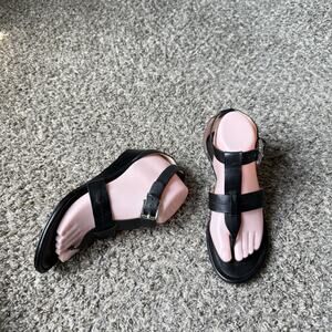 Coach Velvet T-Strap Slingback Sandal Women's 8 B Black Leather Buckle Low Wedge